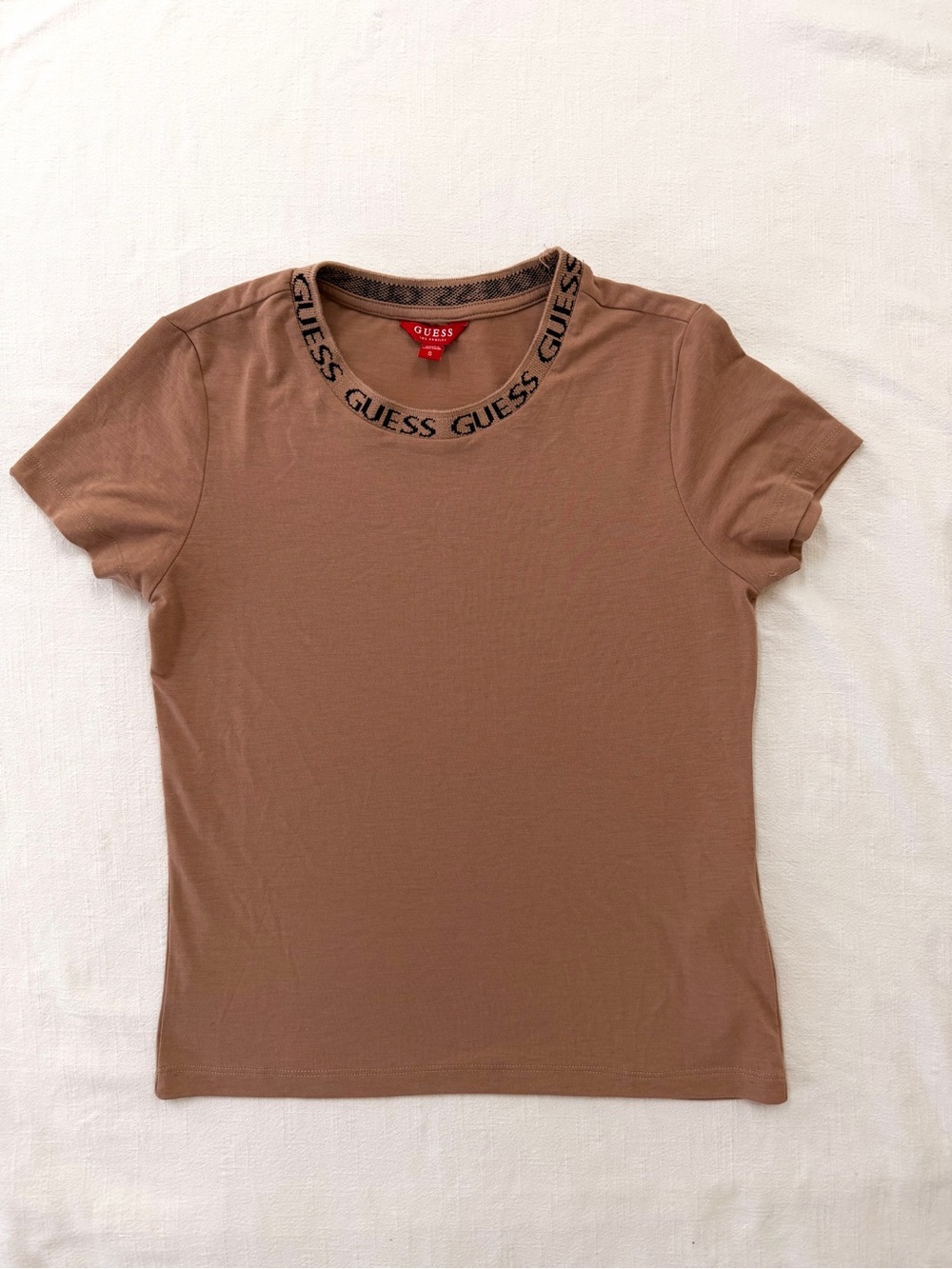 GUESS Brown Short-Sleeve Logo Trim Fitted Minimalist Crew Tee Size Small
